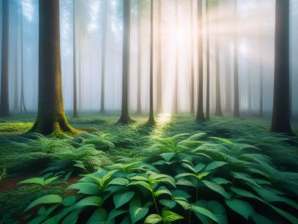 Un bosque exuberante y sereno con luz solar filtrándose entre las hojas, proyectando suaves sombras en el suelo