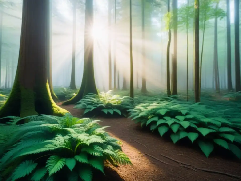 Un bosque exuberante y sereno con luz solar filtrándose a través del dosel, creando sombras moteadas en el suelo del bosque