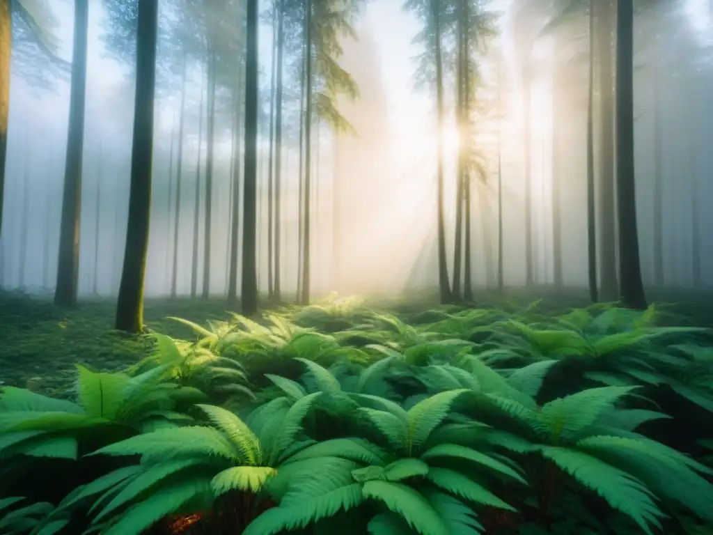 Un bosque exuberante y sereno con luz filtrándose entre las hojas, simbolizando crecimiento y armonía con la naturaleza