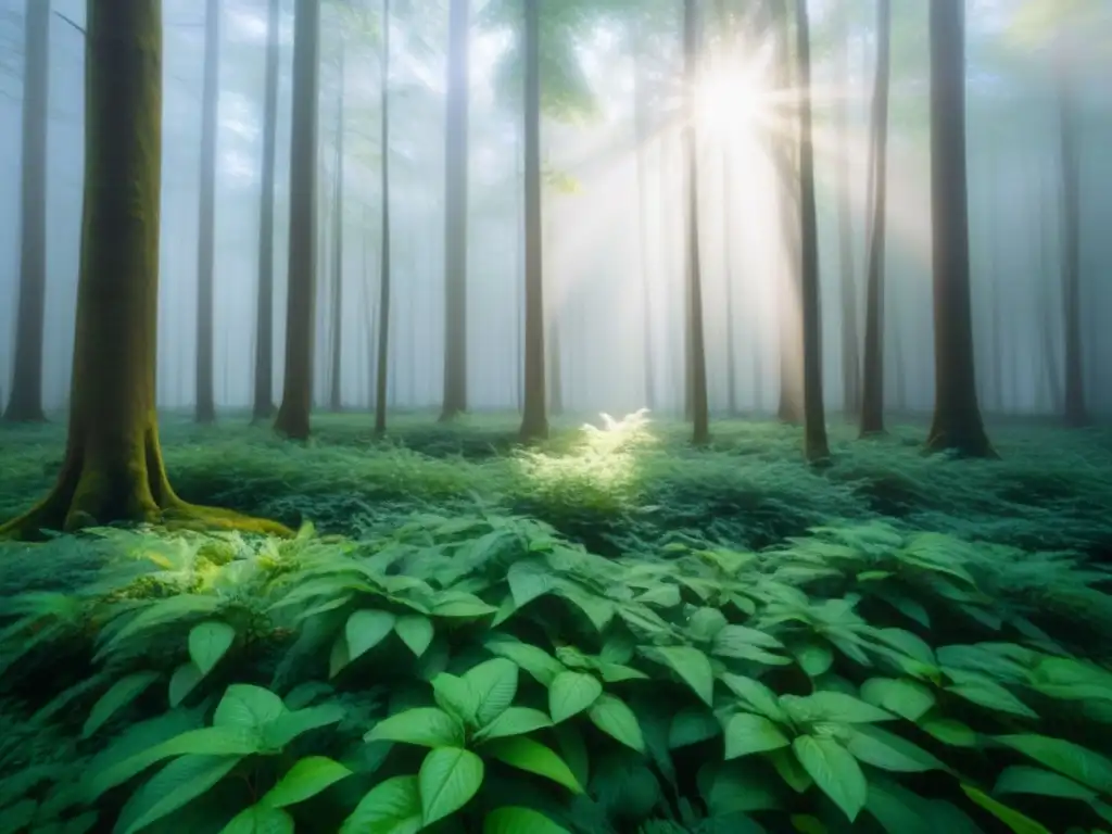 Un bosque exuberante y sereno con luz solar filtrándose entre el dosel, creando sombras moteadas en el suelo