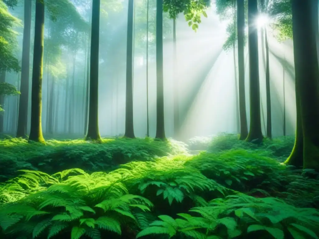 Un bosque exuberante y sereno con luz solar filtrándose a través del dosel, creando sombras moteadas en la frondosa vegetación