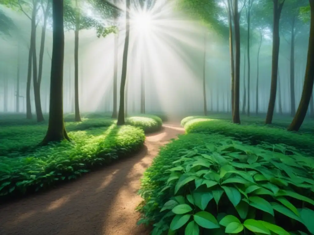 Un bosque exuberante y sereno con luz solar filtrándose entre las hojas, mostrando la pureza de la naturaleza