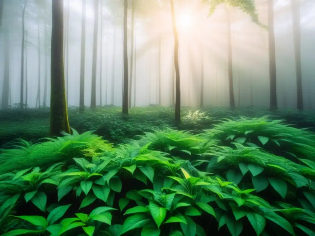 Un bosque exuberante y sereno con luz solar filtrándose entre las hojas, creando una atmósfera de calma y sostenibilidad