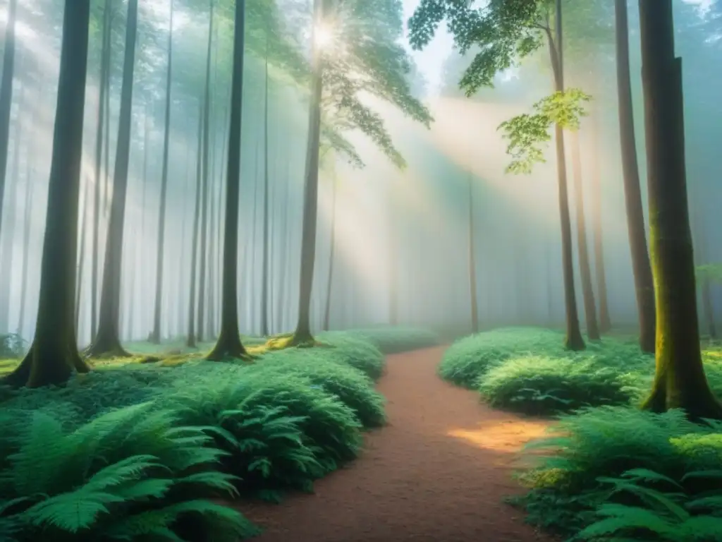 Un bosque exuberante y sereno, con luz solar filtrándose entre el dosel, creando sombras moteadas en el suelo