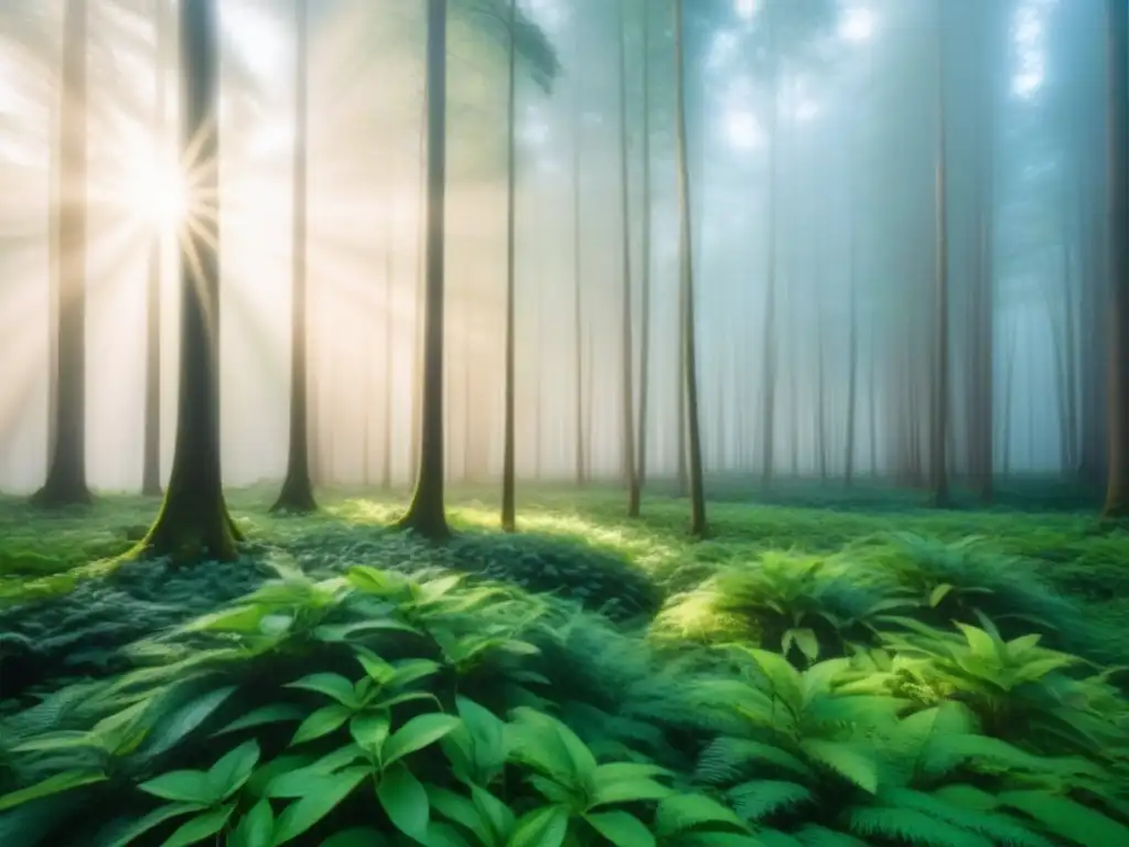 Un bosque exuberante y sereno con luz filtrada entre los árboles, creando sombras moteadas en el suelo