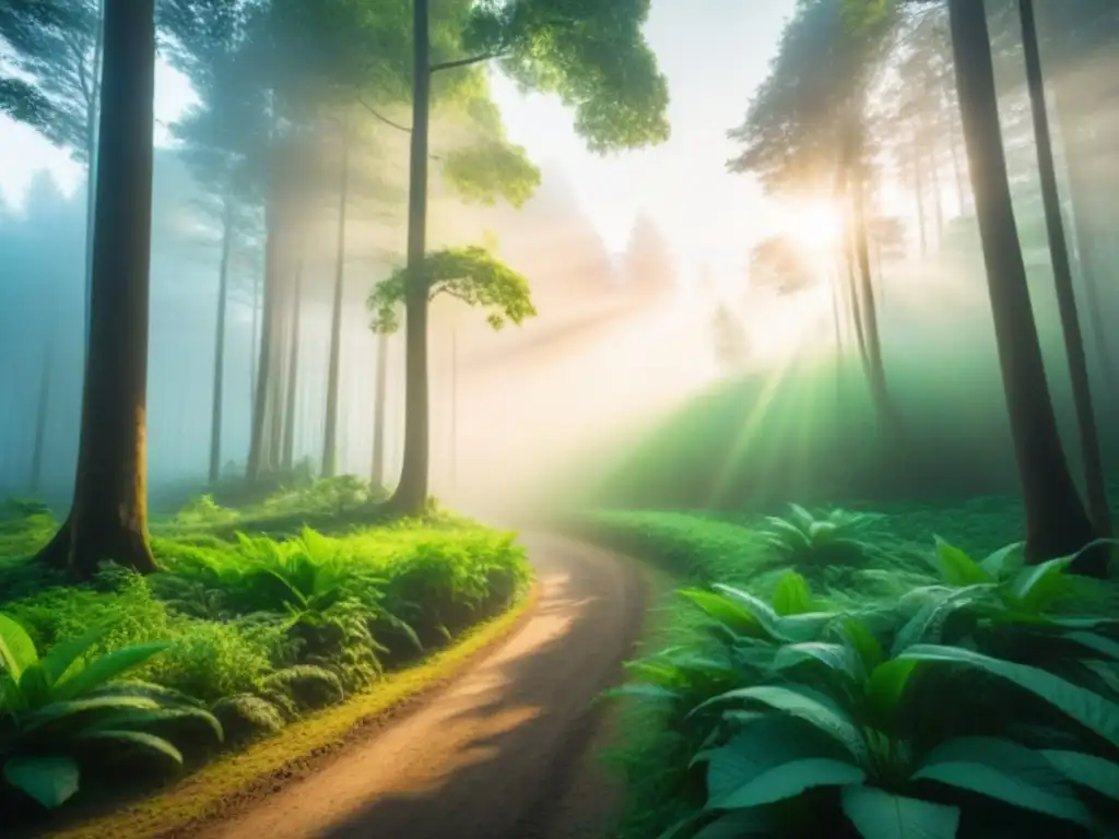 Un bosque exuberante y sereno con luz solar filtrándose entre el dosel, resaltando la vegetación vibrante y creando una atmósfera tranquila