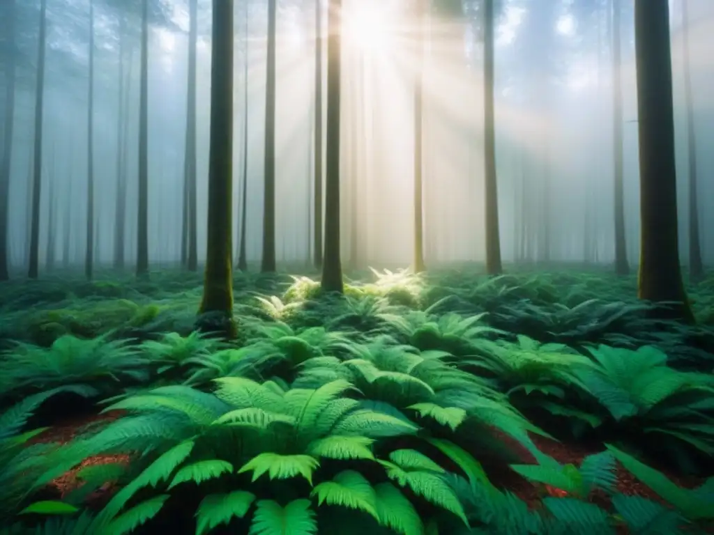 Un bosque exuberante y sereno con luz filtrándose entre los árboles, creando sombras en el suelo