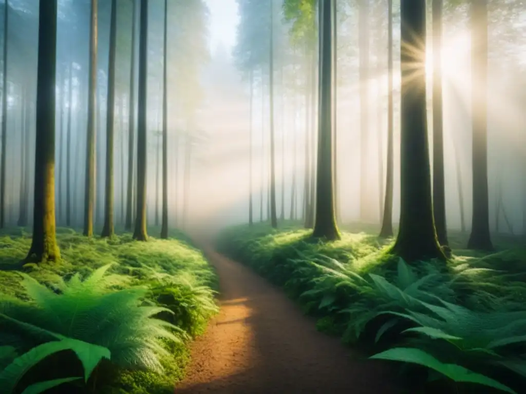 Un bosque exuberante y sereno con luz solar filtrándose entre las hojas, reflejando la belleza y tranquilidad de la naturaleza en su forma más pura