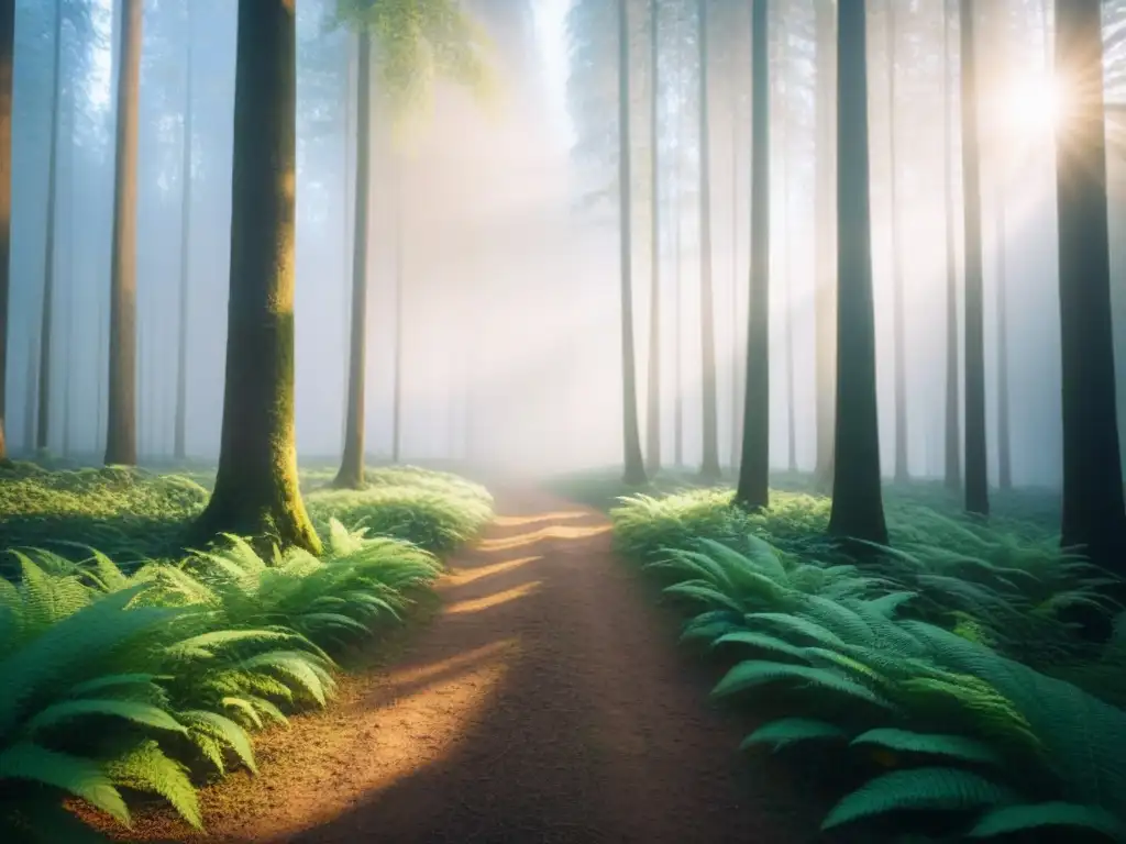 Un bosque exuberante y sereno, con la luz solar filtrándose entre las hojas, creando sombras suaves en el suelo