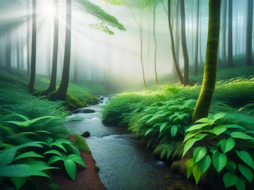 Sendero de luz en un bosque verde: armonía natural en 8k Un bosque exuberante y sereno, con la luz filtrándose entre las hojas y un arroyo tranquilo reflejando el sol