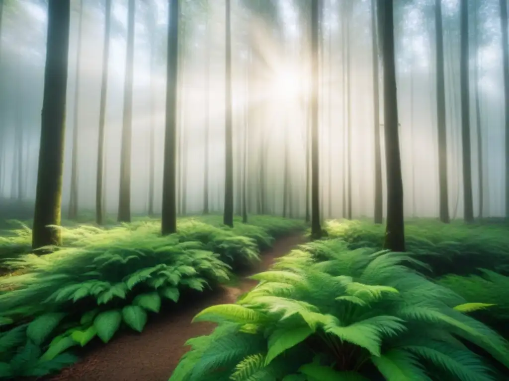 Un bosque exuberante y sereno con luz solar filtrándose entre las hojas, destacando la belleza y tranquilidad de la naturaleza en su forma más pura