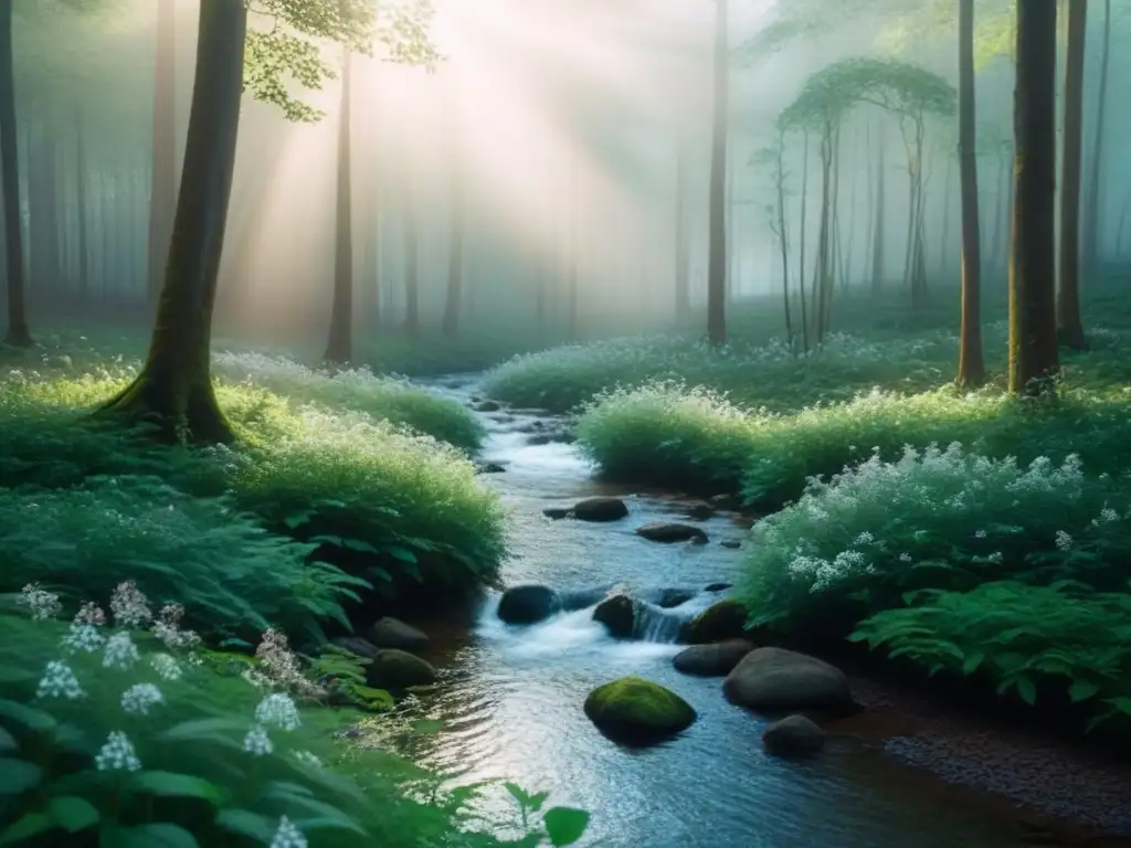 Un bosque exuberante y sereno con rayos de sol filtrándose entre el dosel, creando sombras moteadas en el suelo