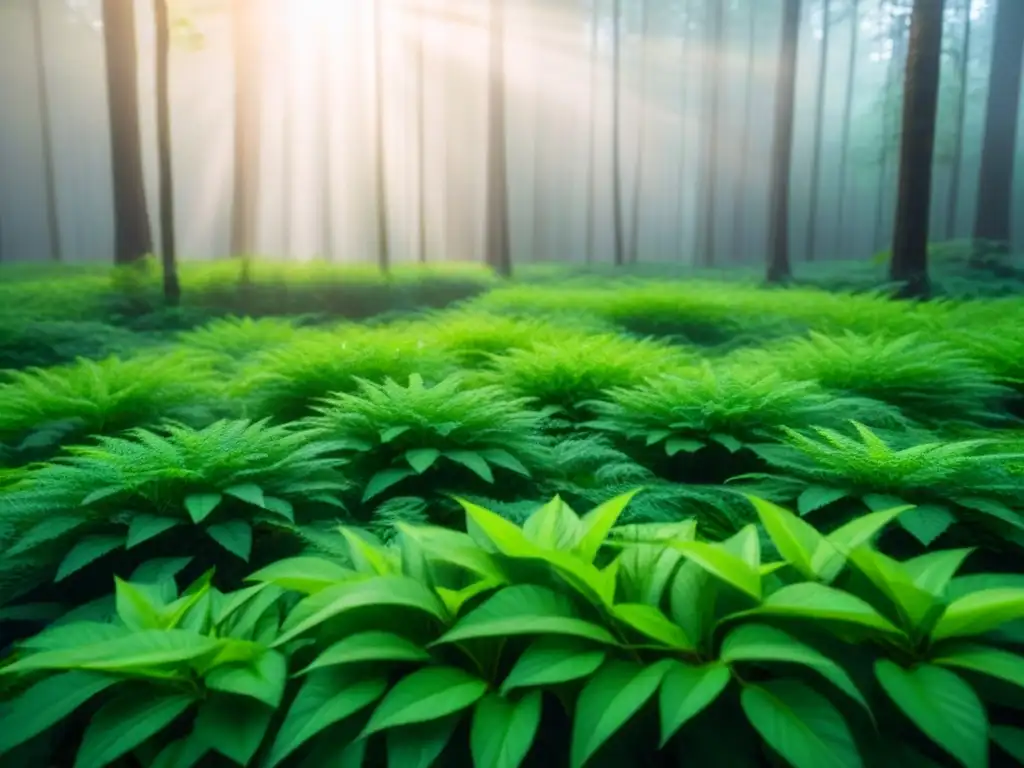 Un bosque exuberante y sereno con rayos de sol filtrándose entre las hojas, creando una atmósfera ecofriendly