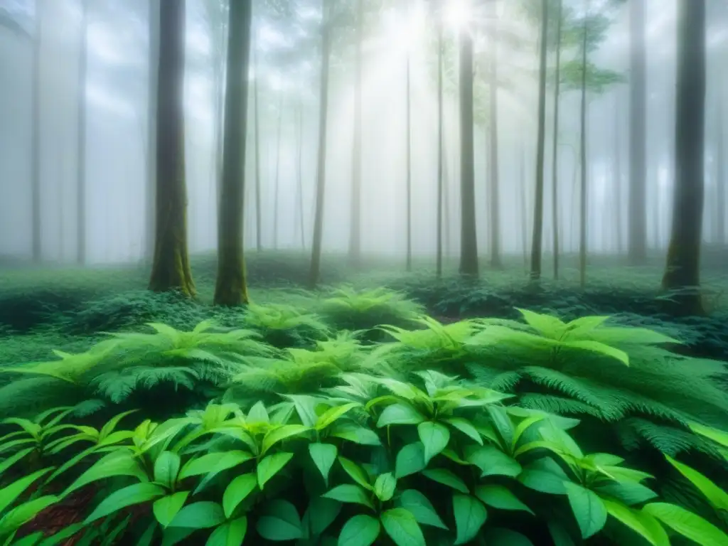 Un bosque exuberante y sereno con una suave bruma, efectos visuales en narrativa ambiental