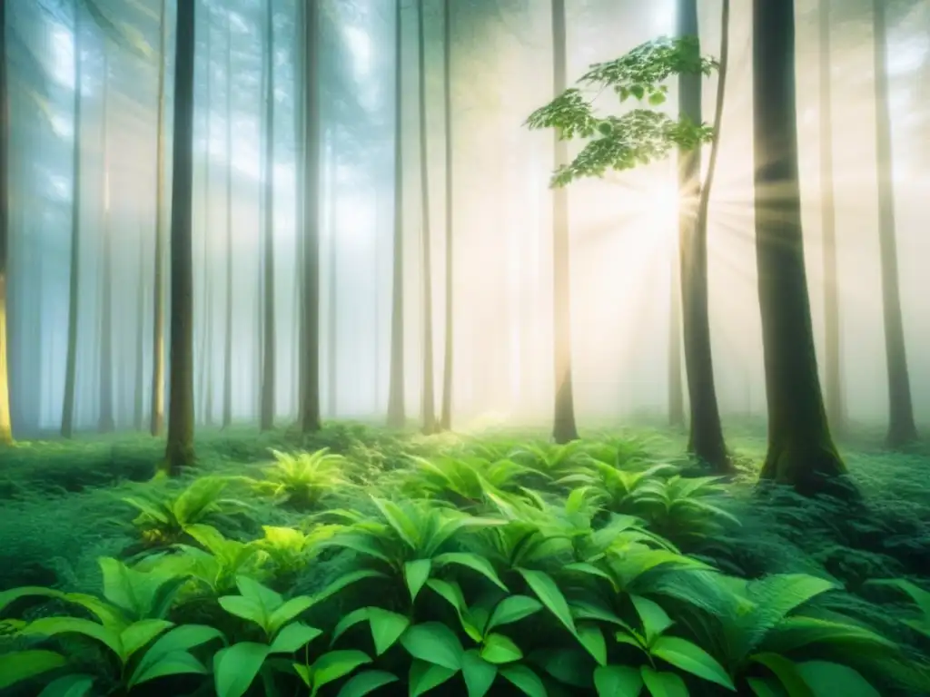 Un bosque exuberante y sereno, con diferentes tonos de verde y luz solar filtrándose entre los árboles