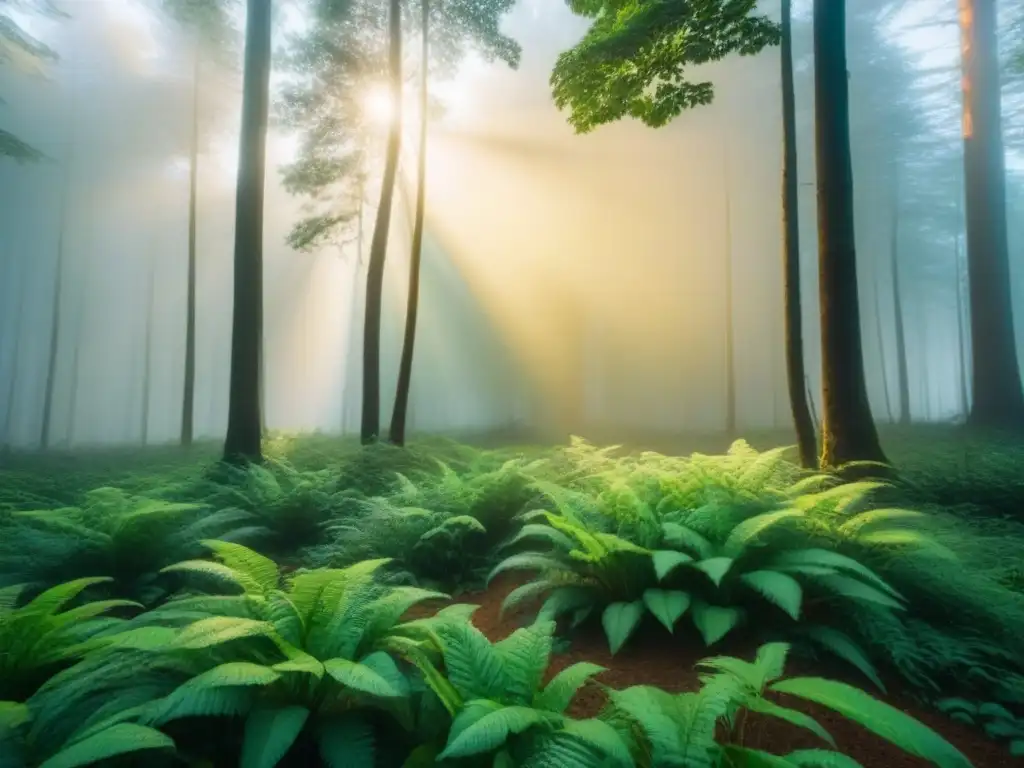 Un bosque exuberante al amanecer, con el sol dorado y la neblina, muestra la belleza natural