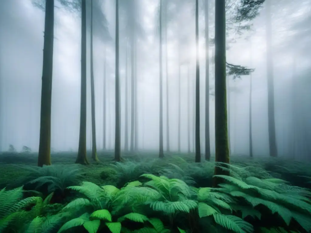 Un bosque exuberante con una suave bruma, mostrando la belleza y tranquilidad de la naturaleza en un entorno sostenible