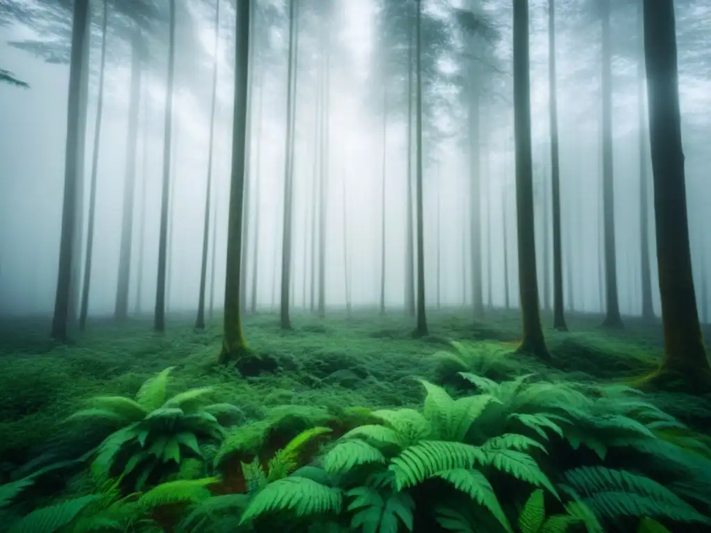 Un bosque exuberante con una suave neblina, transmitiendo armonía y tranquilidad