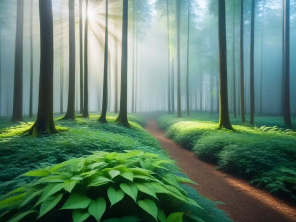 Un bosque exuberante con tintes capilares ecológicos sostenibles resplandece bajo la luz filtrada del sol, transmitiendo paz y armonía