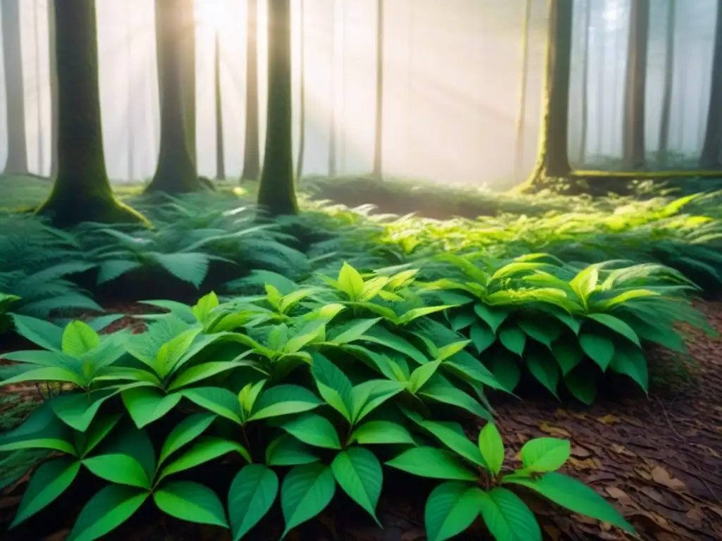Bosque exuberante: luz y sombras en la naturaleza Un bosque exuberante en tonos verdes con luz filtrándose entre las ramas, creando sombras en el suelo