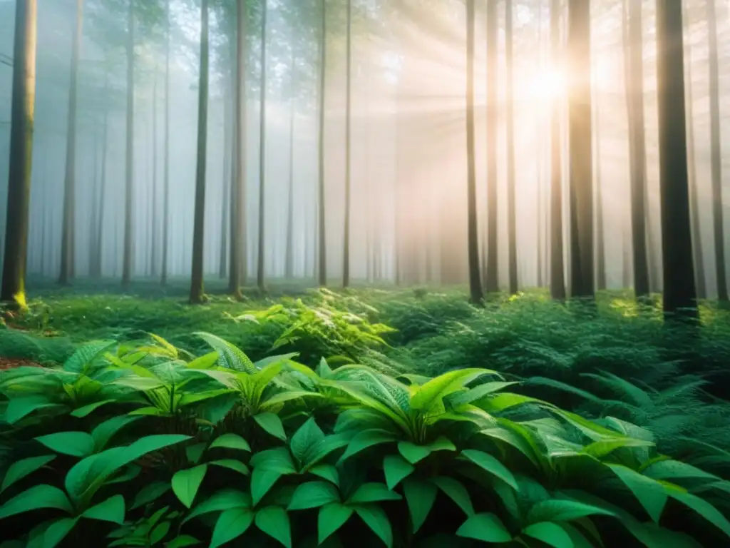 Un bosque exuberante y tranquilo iluminado por el sol, ideal para fondos de inversión sostenibles