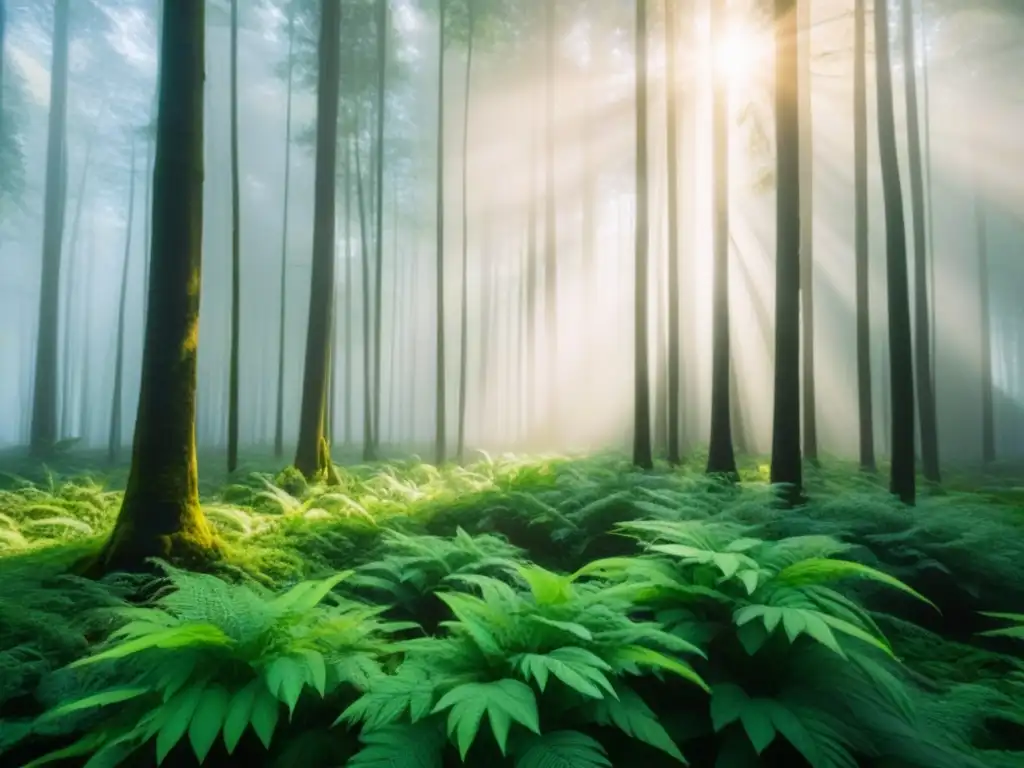 Un bosque exuberante y tranquilo con luz solar filtrándose entre las hojas, simbolizando la inversión sostenible en bonos verdes