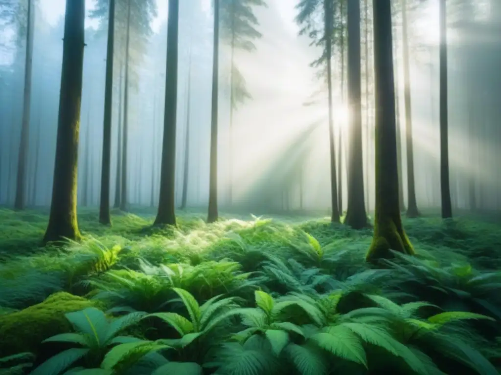 Un bosque exuberante y tranquilo con luz solar filtrándose entre los altos árboles, ideal para retiros de bienestar sostenibles