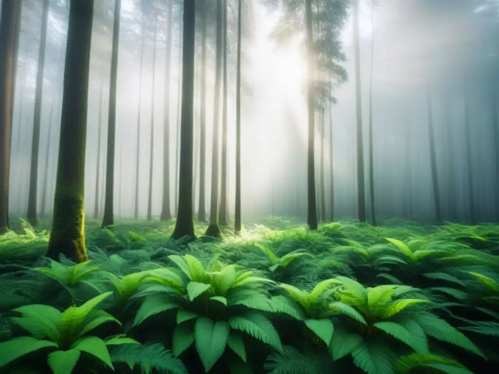 Un bosque exuberante y tranquilo con luz solar filtrándose entre los árboles, simbolizando la esencia de desodorantes ecológicos sin químicos