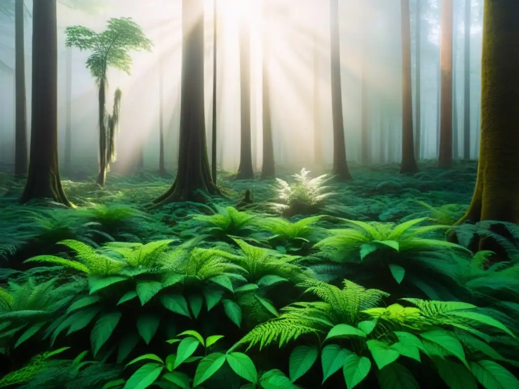 Un bosque exuberante con una variedad de árboles, plantas y vida silvestre en armonía, mostrando la belleza de la naturaleza