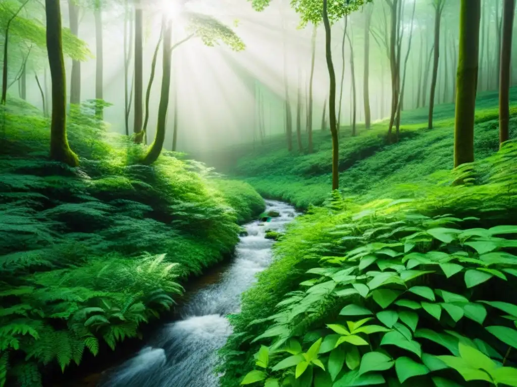 Un bosque exuberante con variedad de tonos verdes donde la luz del sol se filtra entre el dosel, creando un efecto moteado en el suelo del bosque