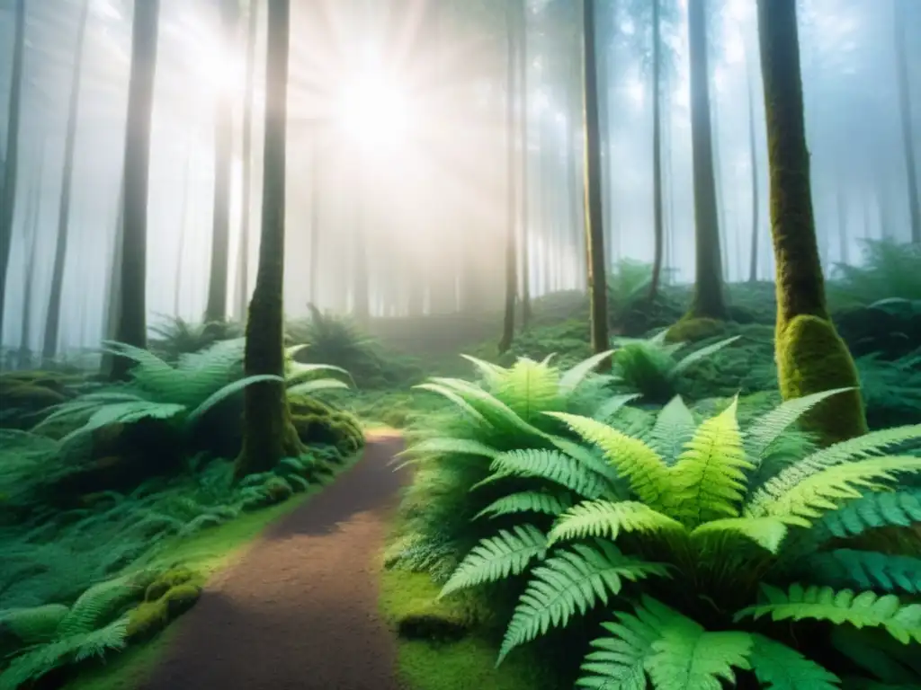 Un bosque exuberante y verde iluminado por el sol, con una variedad de plantas vibrantes