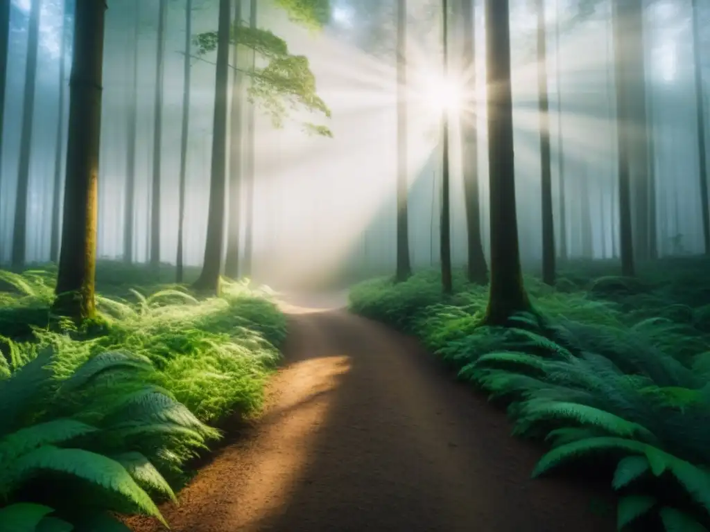 Un bosque exuberante y verde con luz solar filtrándose entre las hojas, reflejando la belleza natural de un entorno ecológico