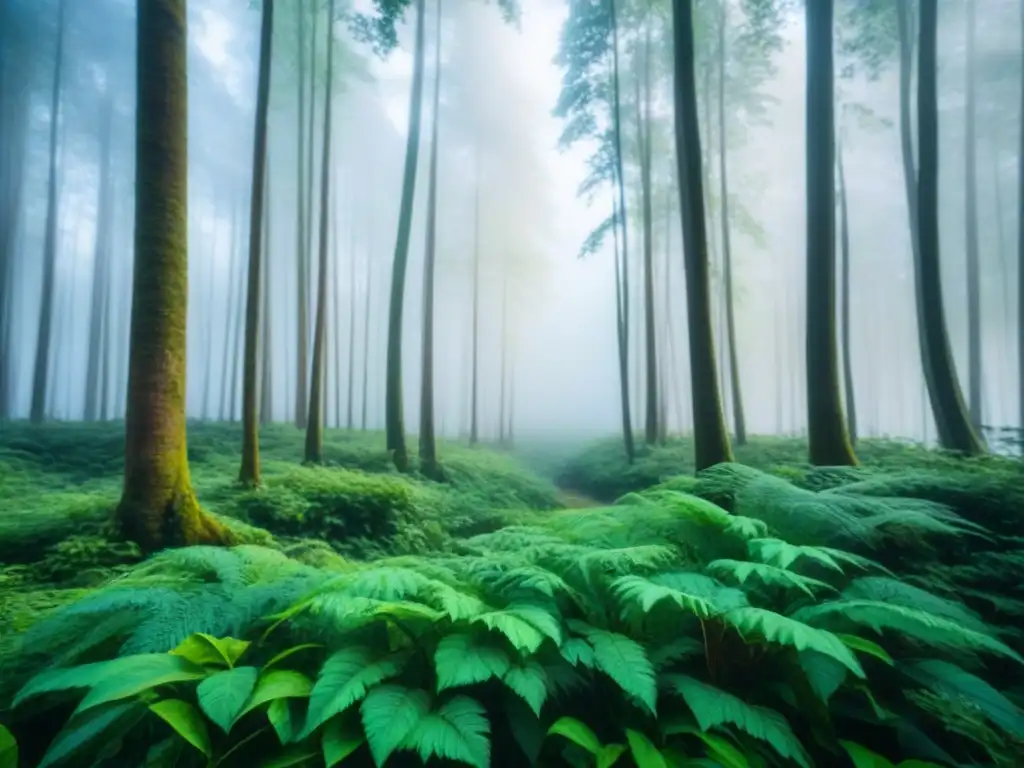 Un bosque exuberante y verde con una suave neblina, mostrando la belleza y tranquilidad de la naturaleza