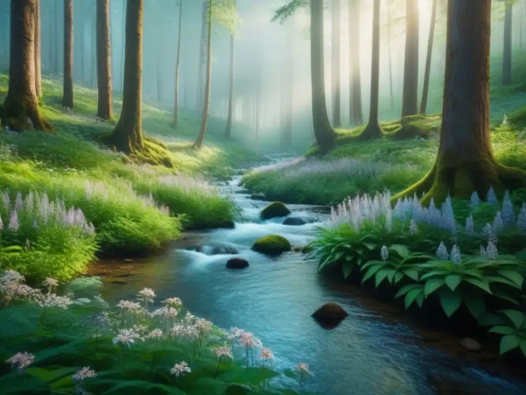 Un bosque exuberante y vibrante con árboles majestuosos, un arroyo cristalino y flores silvestres coloridas