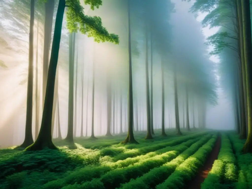 Un bosque exuberante y vibrante, bañado por la luz del sol, ilustrando la belleza y serenidad de la naturaleza