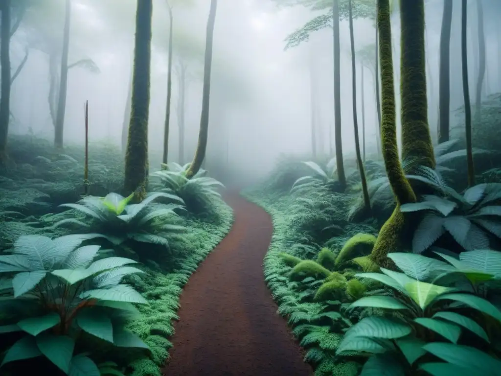 Un bosque exuberante y vibrante lleno de vida, con un sendero central que simboliza la importancia de los corredores biológicos en la biodiversidad