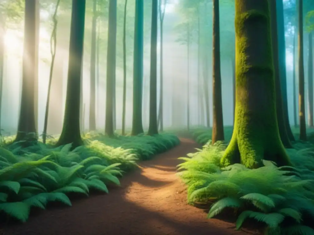 Un bosque exuberante y vibrante con luz solar filtrándose entre las hojas, árboles majestuosos y aves coloridas