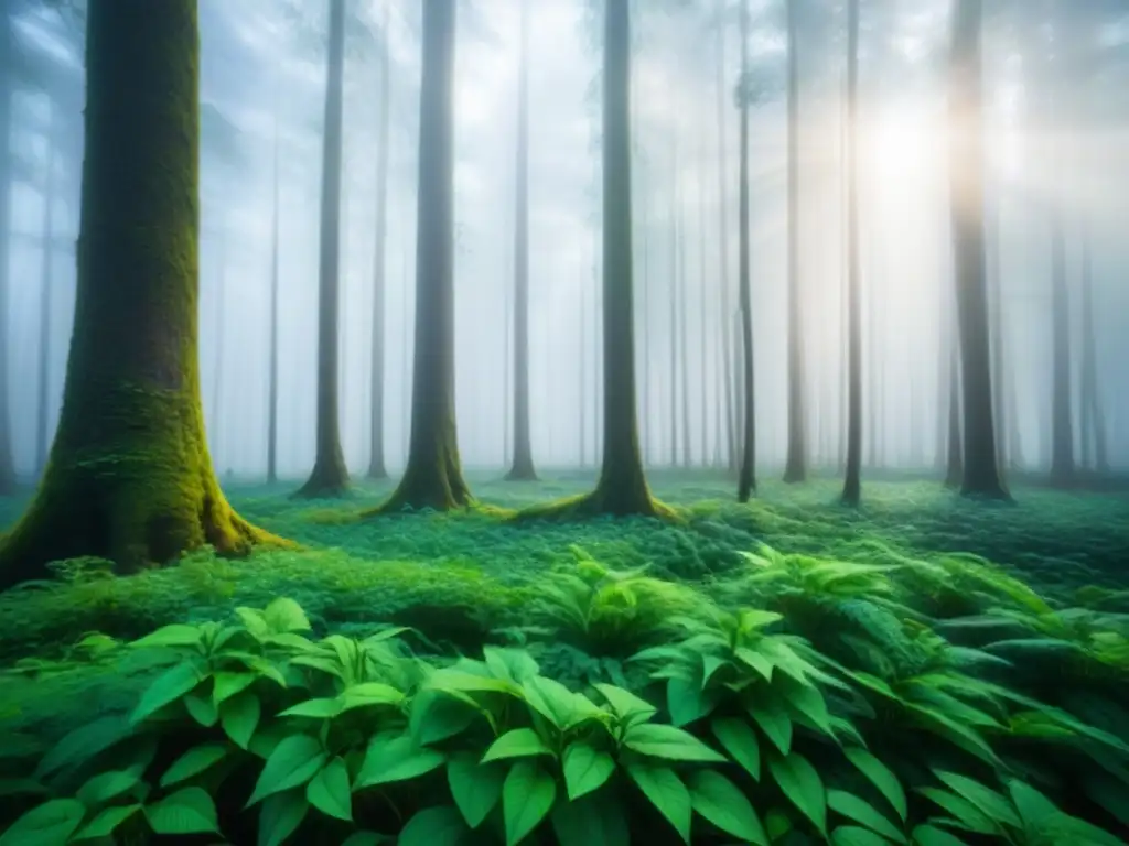 Un bosque exuberante y vibrante con luz solar filtrándose entre las hojas, creando patrones en el suelo