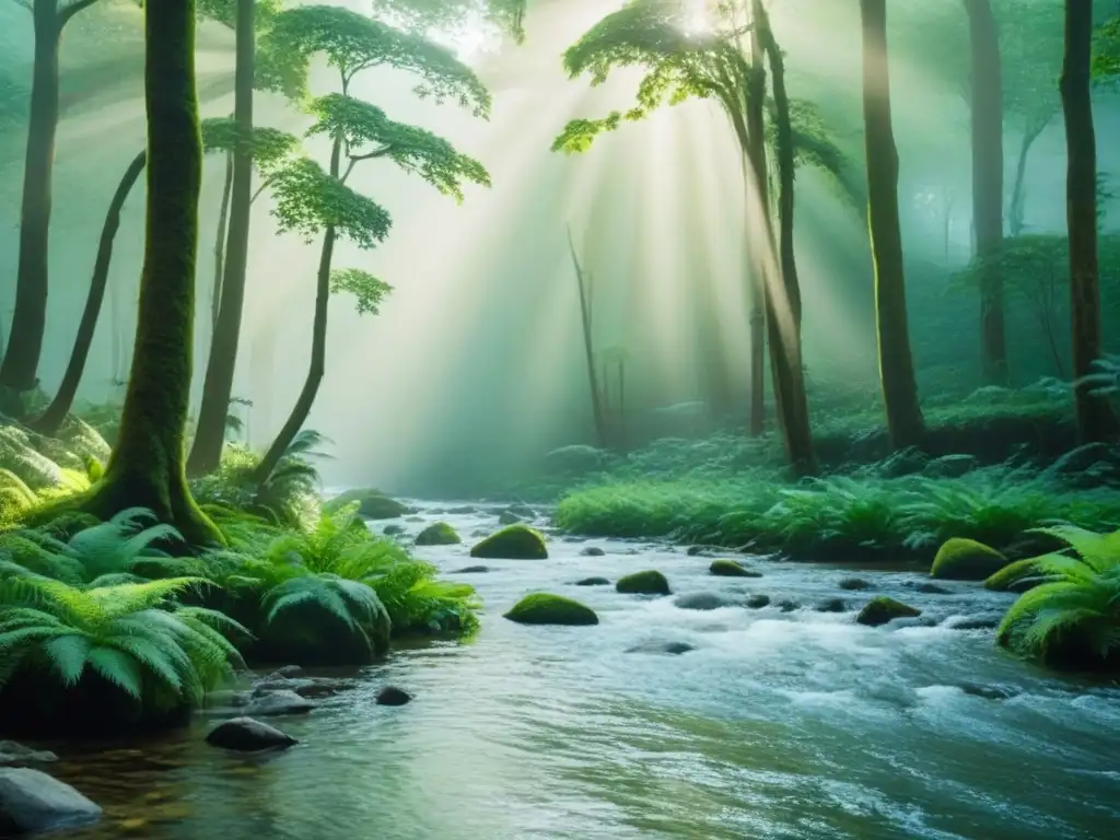 Un bosque exuberante y vibrante, con luz solar filtrándose entre el dosel, destacando una variedad de tonos verdes y patrones de hojas intrincados