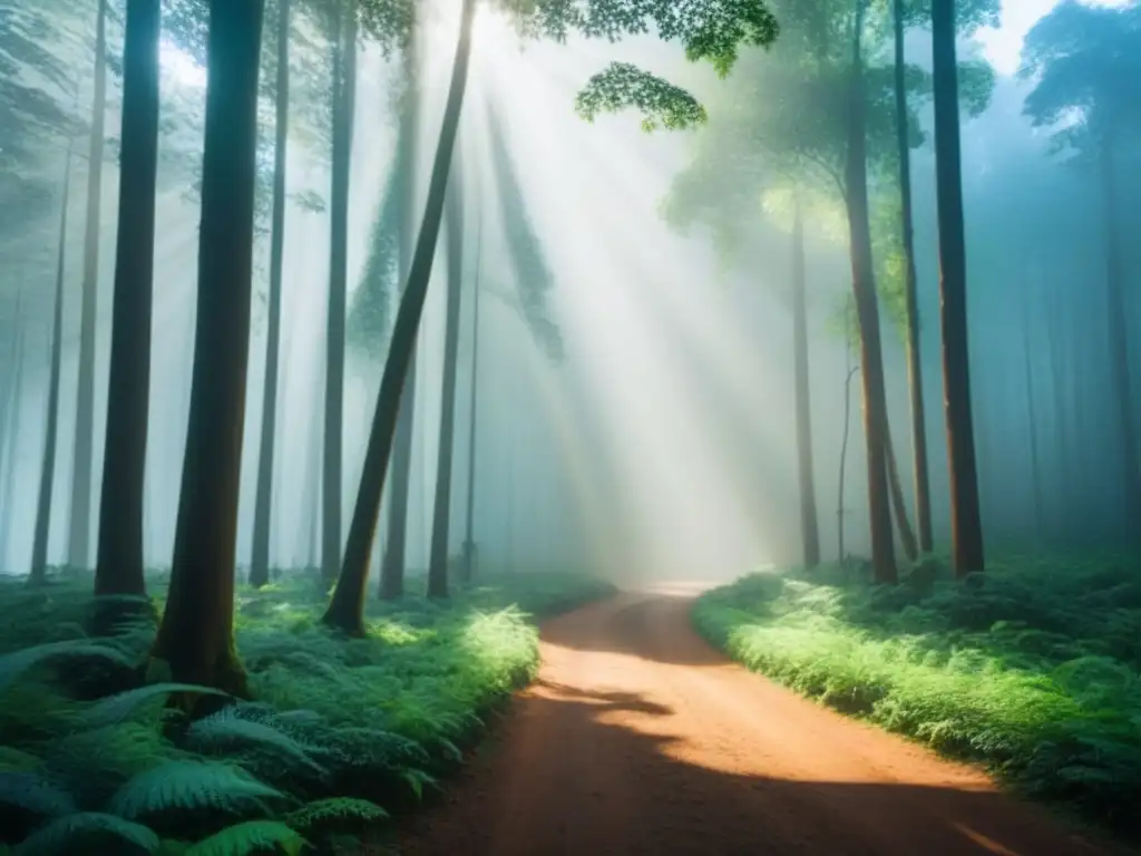 Bosque exuberante y vibrante, luz filtrándose entre el dosel, destaca la importancia de la naturaleza y la reducción de la deforestación