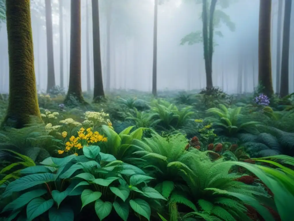 Un bosque exuberante y vibrante en prácticas zero waste, donde la biodiversidad es clave para el equilibrio y los beneficios del ecosistema