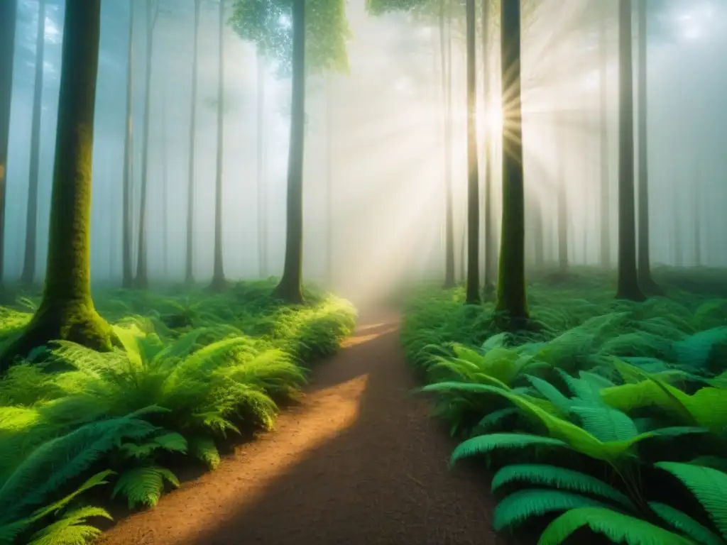 Un bosque exuberante y vibrante, con rayos de sol filtrándose entre el dosel, resaltando la biodiversidad de un paraíso ecológico