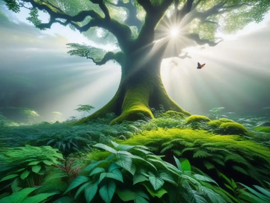 Un bosque exuberante y vibrante repleto de vida, con un árbol majestuoso como protagonista y una diversidad de aves, mariposas y mamíferos