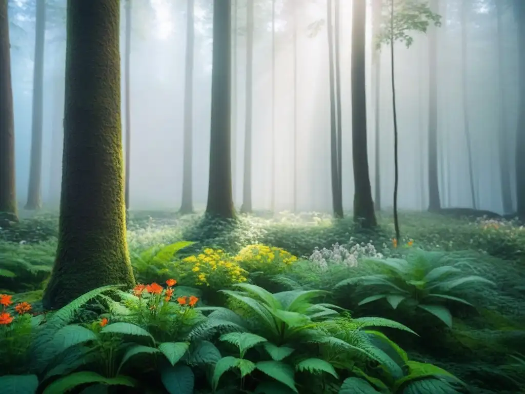 Un bosque exuberante con vida silvestre, flores coloridas y luz filtrándose a través del dosel