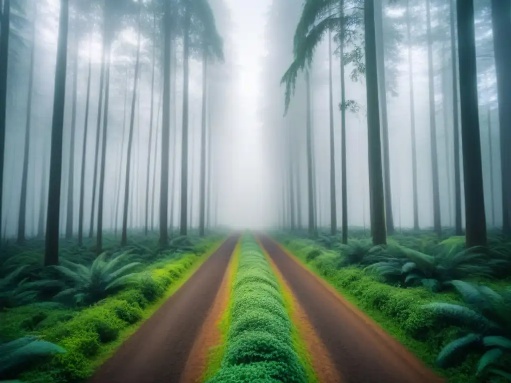 Un bosque exuberante con vida silvestre en un sendero, simbolizando corredores biológicos para ecología sostenible