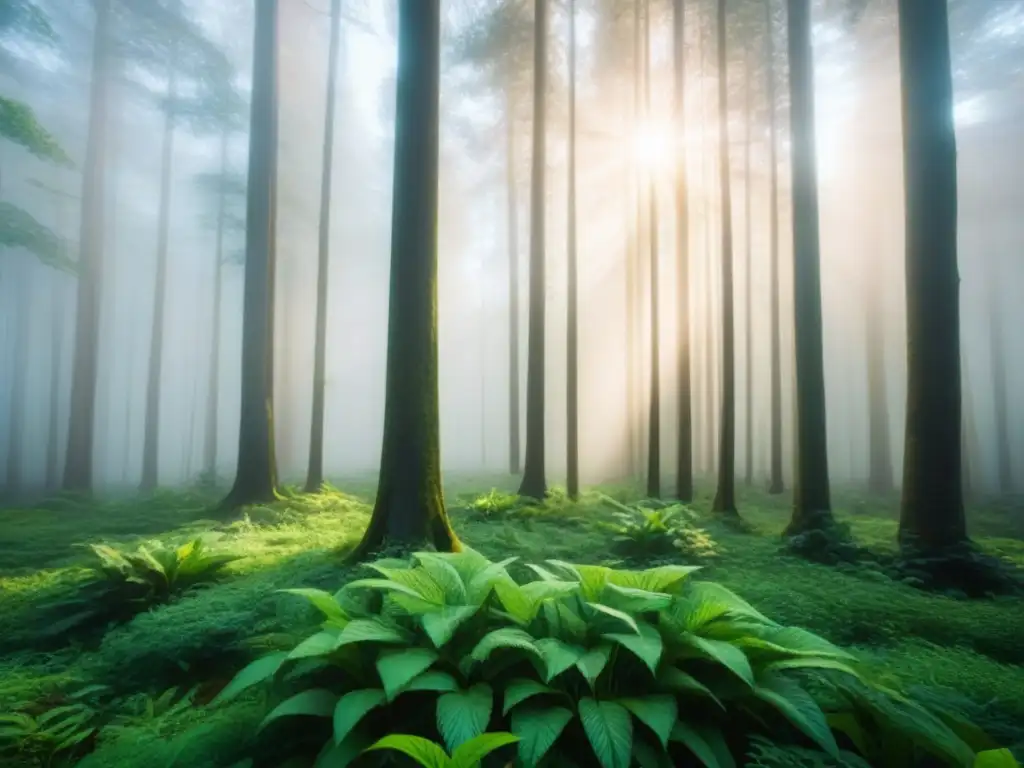 Un bosque exuberante con vida silvestre y luz filtrándose entre las hojas