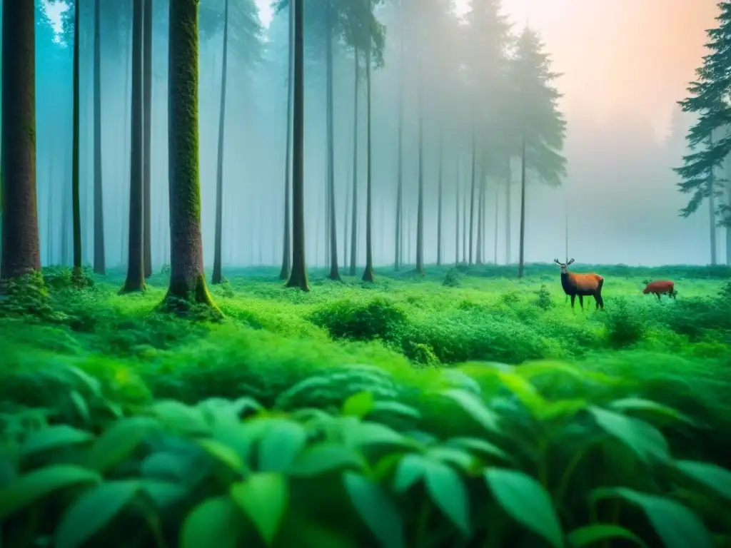 Un bosque exuberante con vida silvestre vibrante, mostrando armonía y equilibrio en la naturaleza