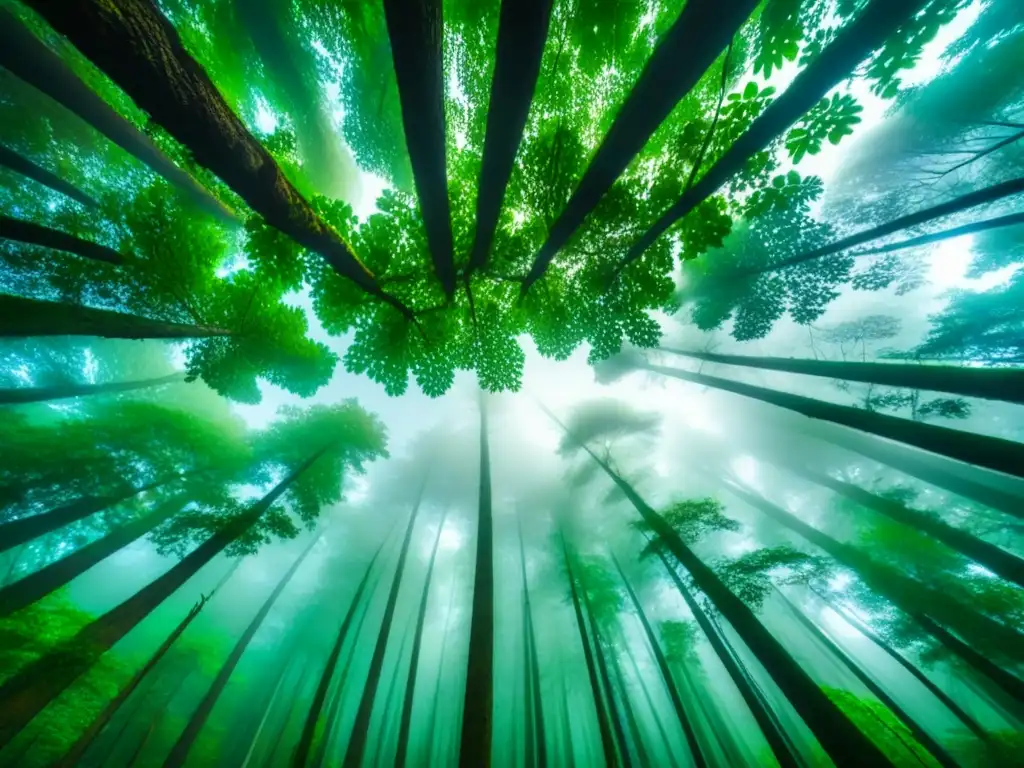 Un bosque exuberante visto desde abajo, con luz solar filtrándose entre las hojas