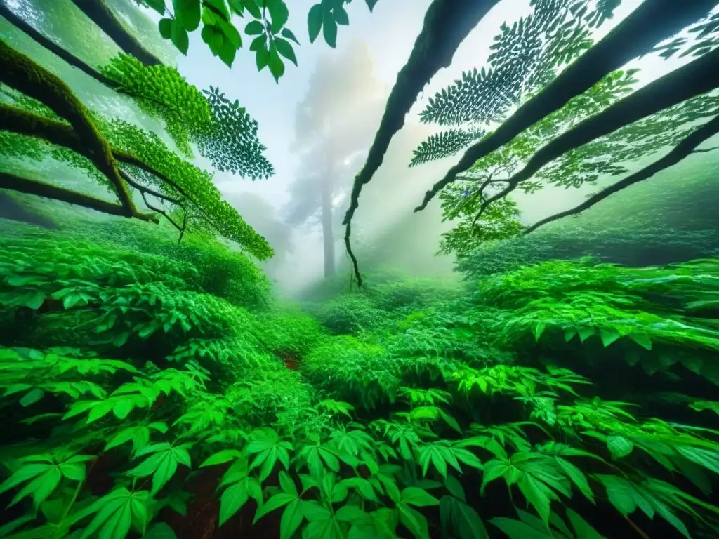 Espectacular bosque verde: luz y sombra en 8k Un bosque exuberante visto desde abajo, con luz filtrándose entre las hojas y creando un patrón hipnotizante de luces y sombras en el suelo
