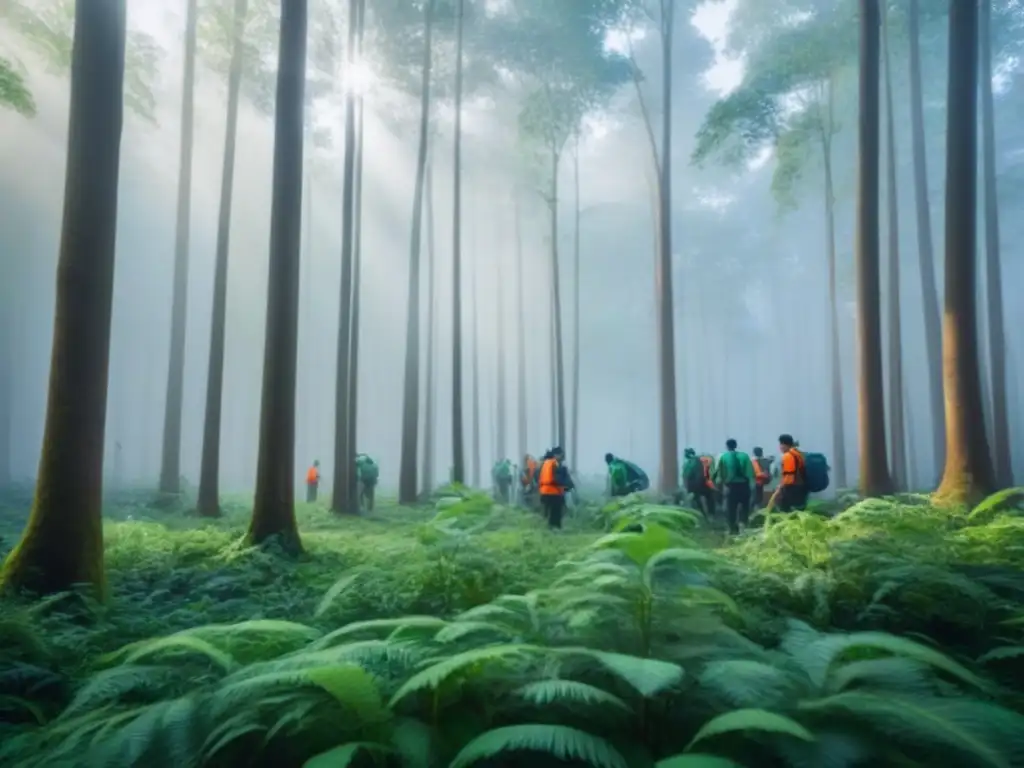 Un bosque exuberante donde voluntarios realizan actividades de conservación ambiental, transmitiendo tranquilidad y unidad